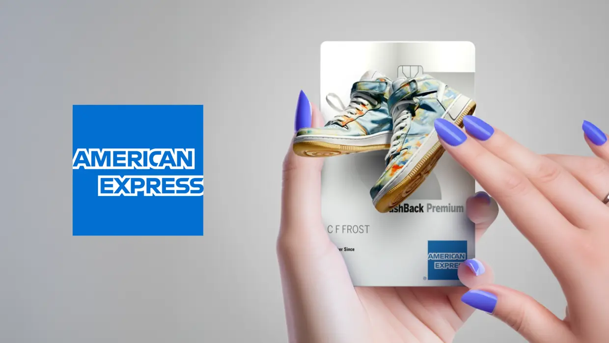 American Express Cashback Premium launch creative, a card held by a manicured hand with sneaker imagery