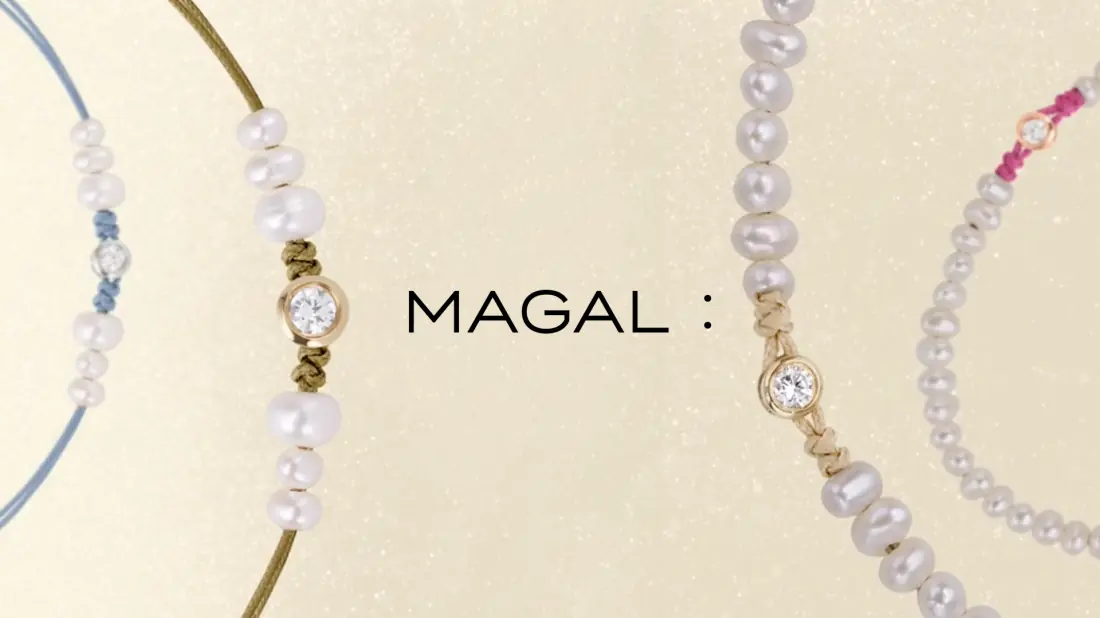 Magal fine-jewellery DTC launch creative, pearl bracelets arranged on a cream backdrop
