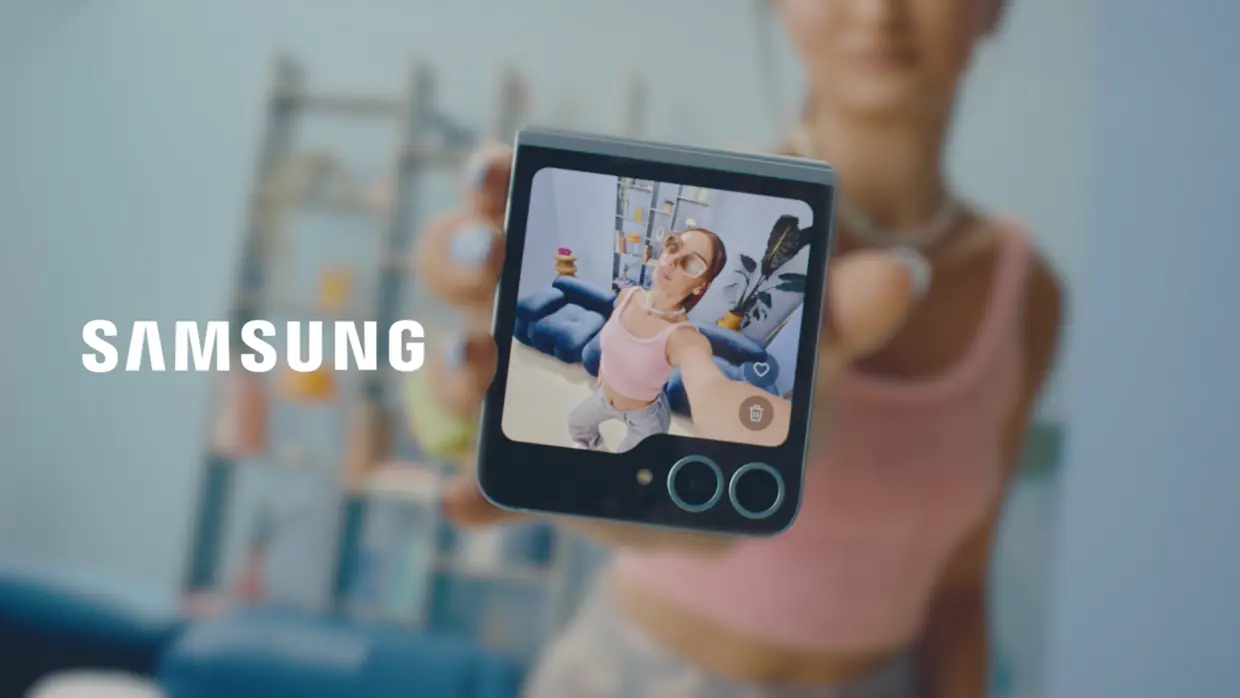 Samsung Galaxy Z Flip launch creative, woman taking a selfie on a folded Z Flip phone