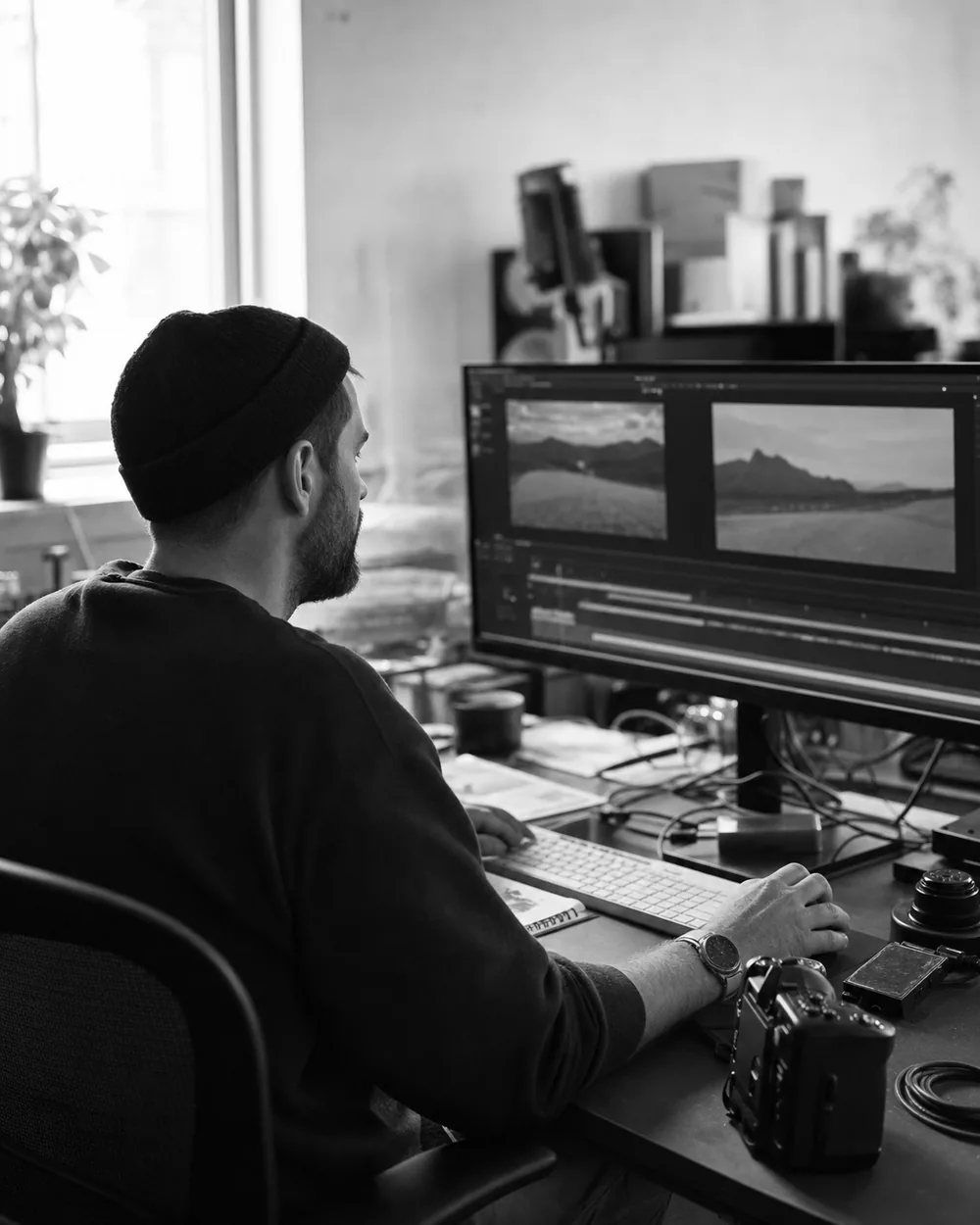 An editor reviewing film at a studio workstation
