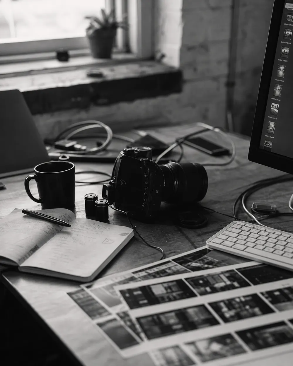 A camera, notebook and production tools on an active studio desk