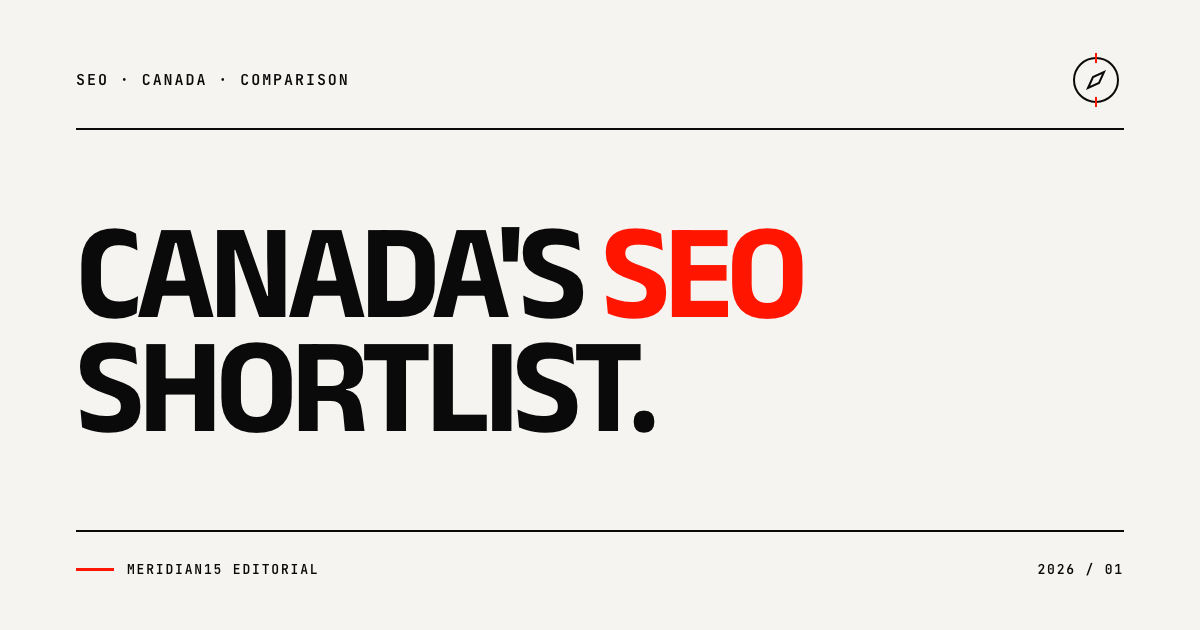 Meridian15 editorial cover with the headline Canada's SEO Shortlist, with SEO highlighted in red against cream paper