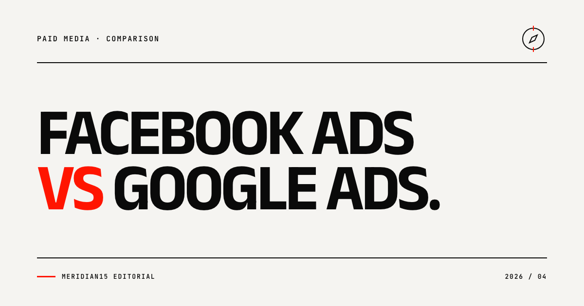 Meridian15 editorial cover with the headline Facebook Ads vs Google Ads, with vs highlighted in red