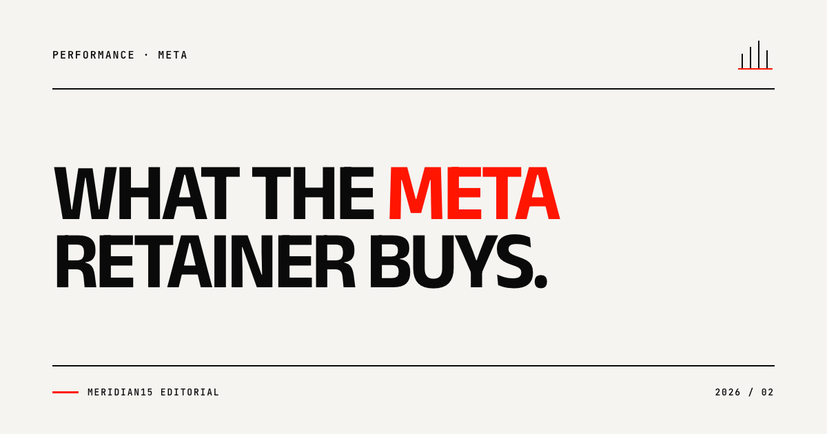 Meridian15 editorial cover with the headline What the Meta Retainer Buys, with Meta highlighted in red