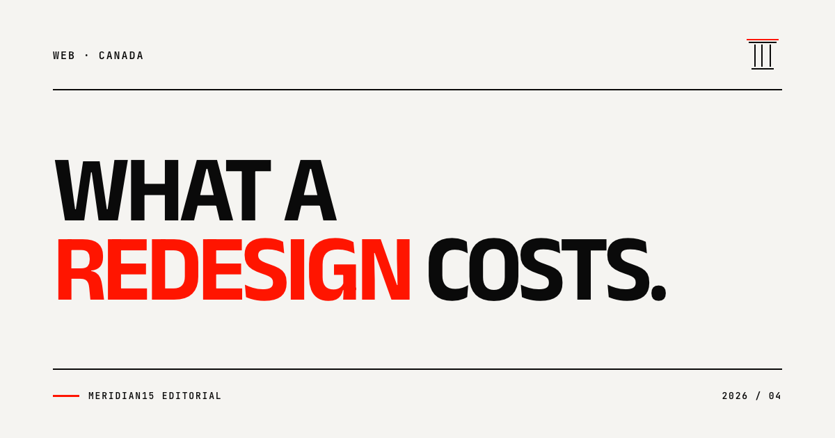 Meridian15 editorial cover with the headline What a Redesign Costs, with Redesign highlighted in red