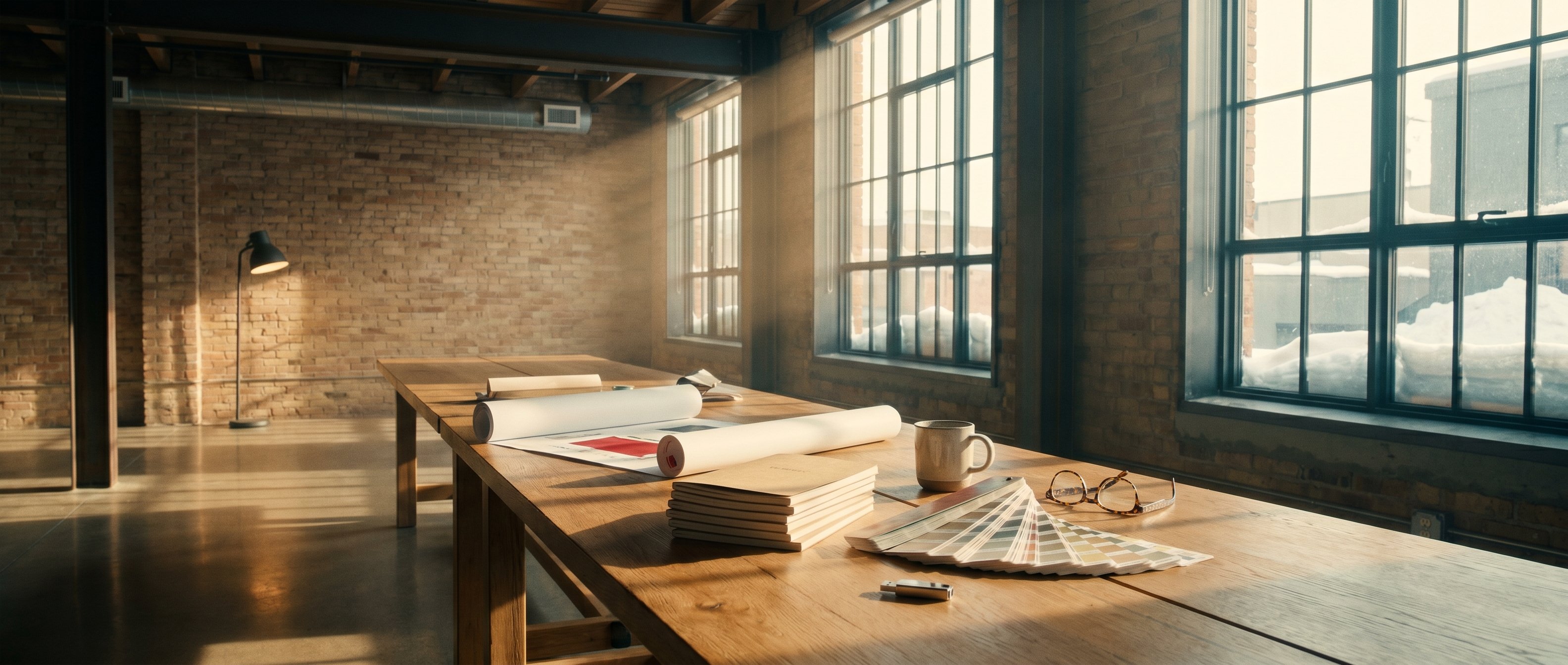 Inglewood Calgary brand studio interior at morning light, reclaimed wood worktable scattered with rolled proofs, palette booklets, and a coffee mug, snow visible through industrial steel windows