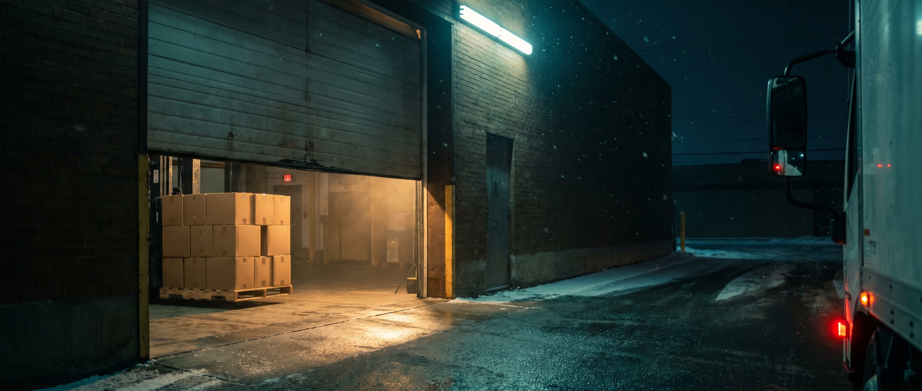 Inglewood Calgary warehouse loading dock at night, roll-up garage door half open, warm interior light spilling onto wet concrete apron, stacks of unmarked shipping boxes on a pallet, delivery truck running light visible right frame