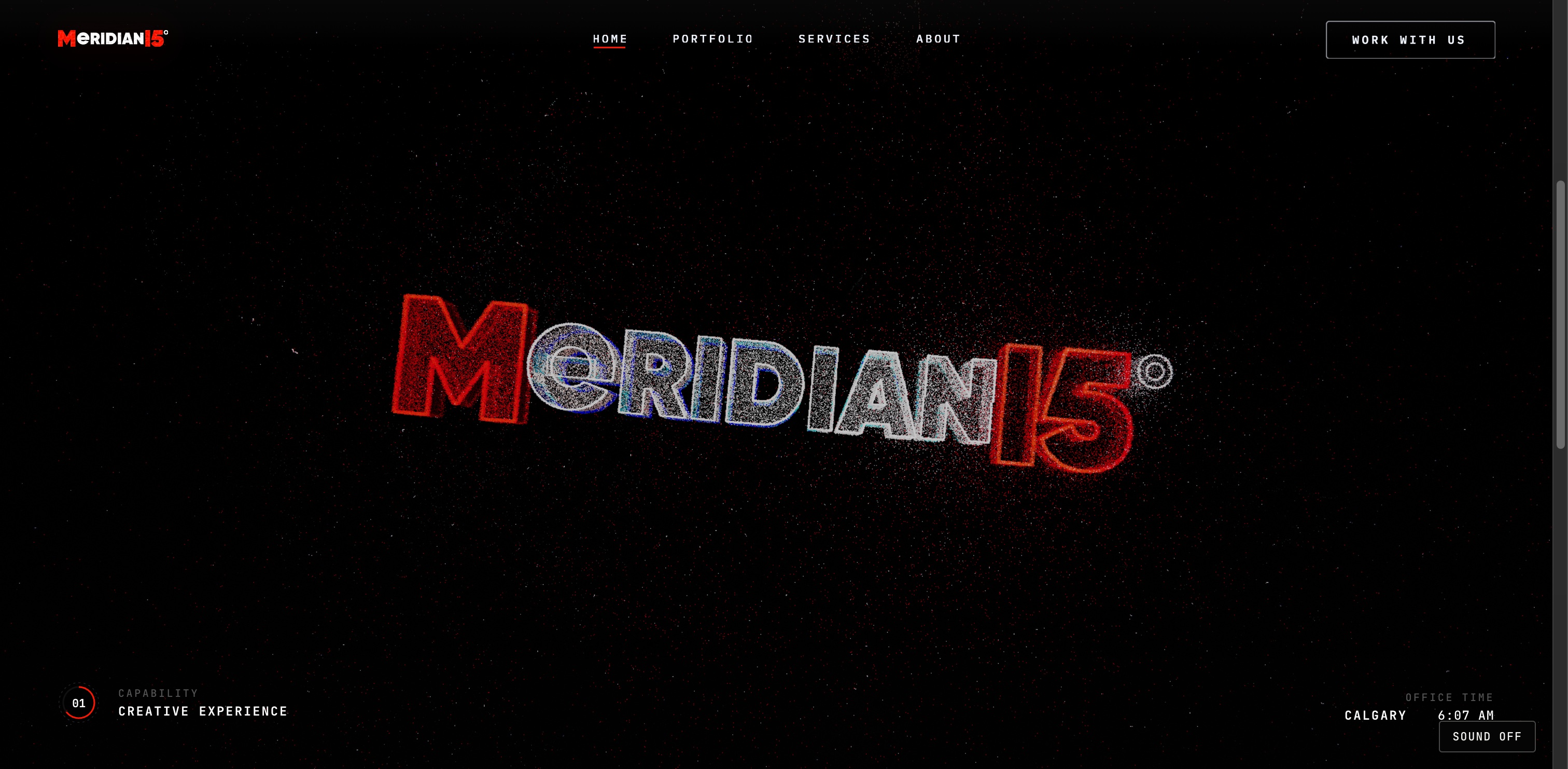 The Meridian15 wordmark formed from 420,000 live GPU particles