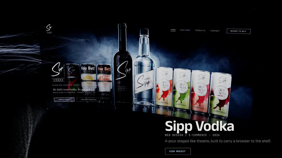 A client station on the ride, the Sipp Vodka site on a curved pane of particles.