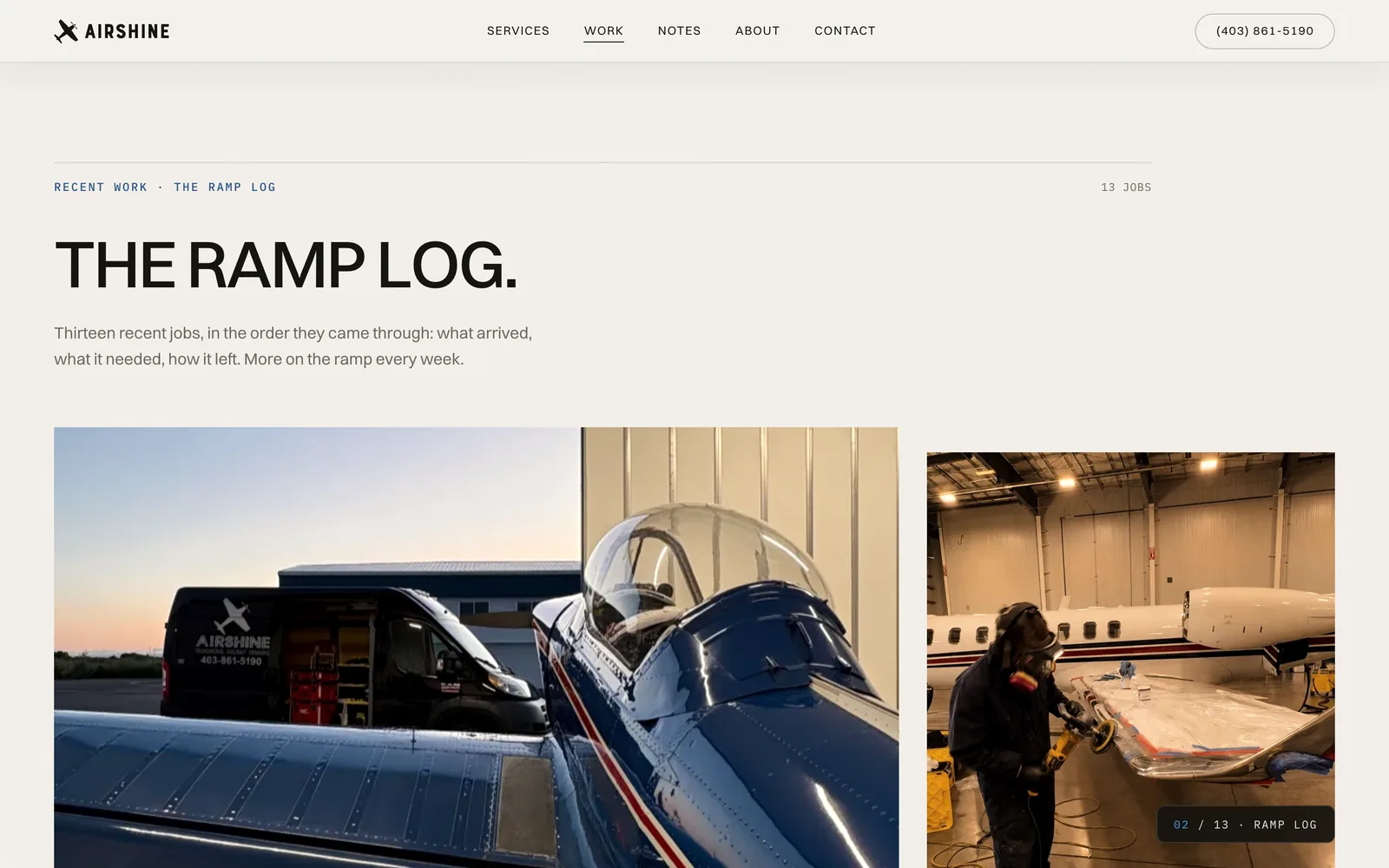 The Airshine ramp log, recent jobs listed aircraft by aircraft with photos from the hangar.