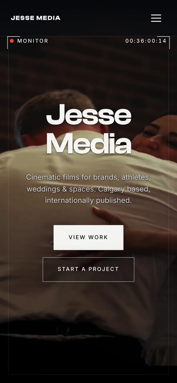 The Jesse Media homepage on a phone, with View Work and Start a Project on the first screen.