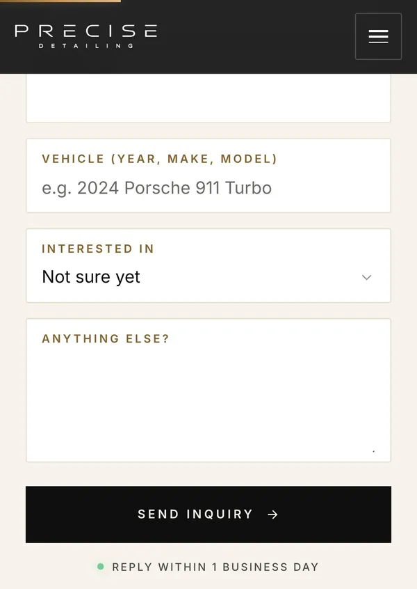 The Precise Detailing quote form on a phone, asking for the vehicle and the service.