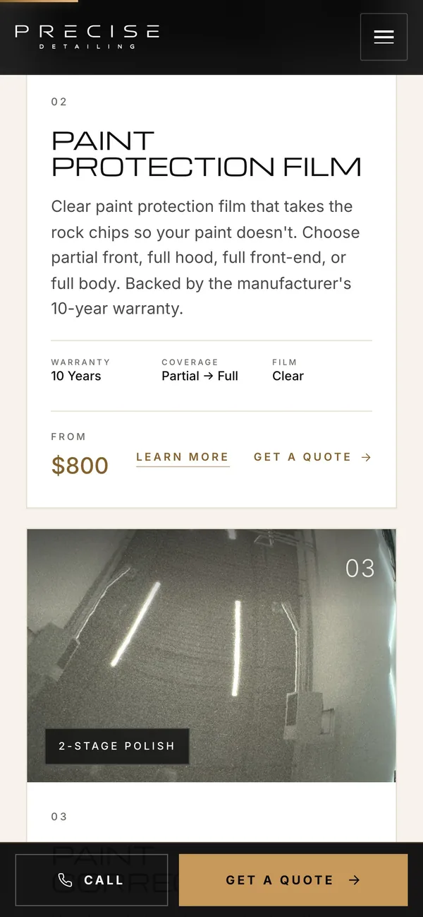 The paint protection film card on the Precise Detailing services page, priced from $800, on a phone.