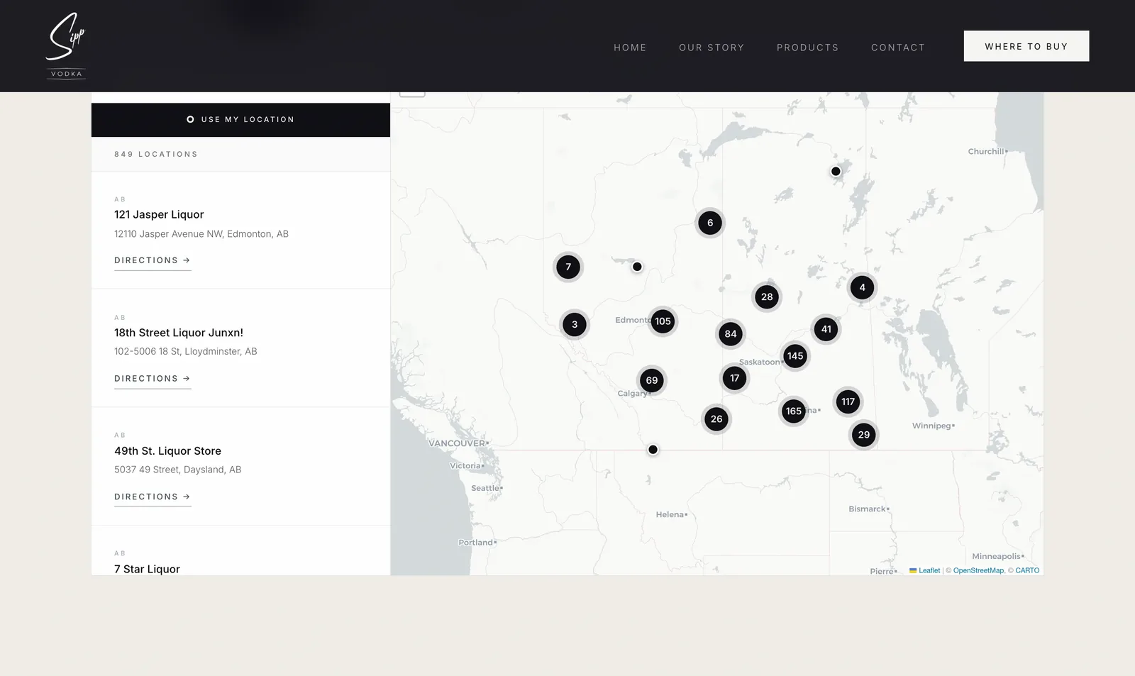 The Sipp Vodka retailer map across Alberta and Saskatchewan, with the list of stores beside it.
