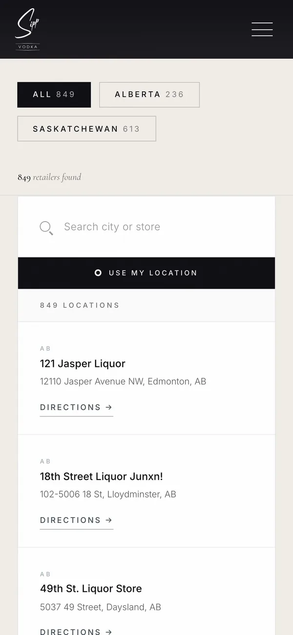 The Sipp Vodka store finder on a phone, 849 retailers.