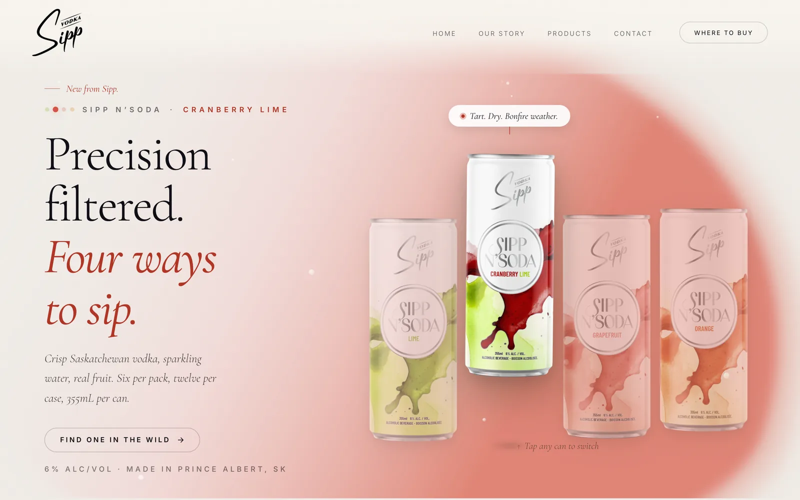 The Sipp N'Soda launch page, four cans with Cranberry Lime selected.