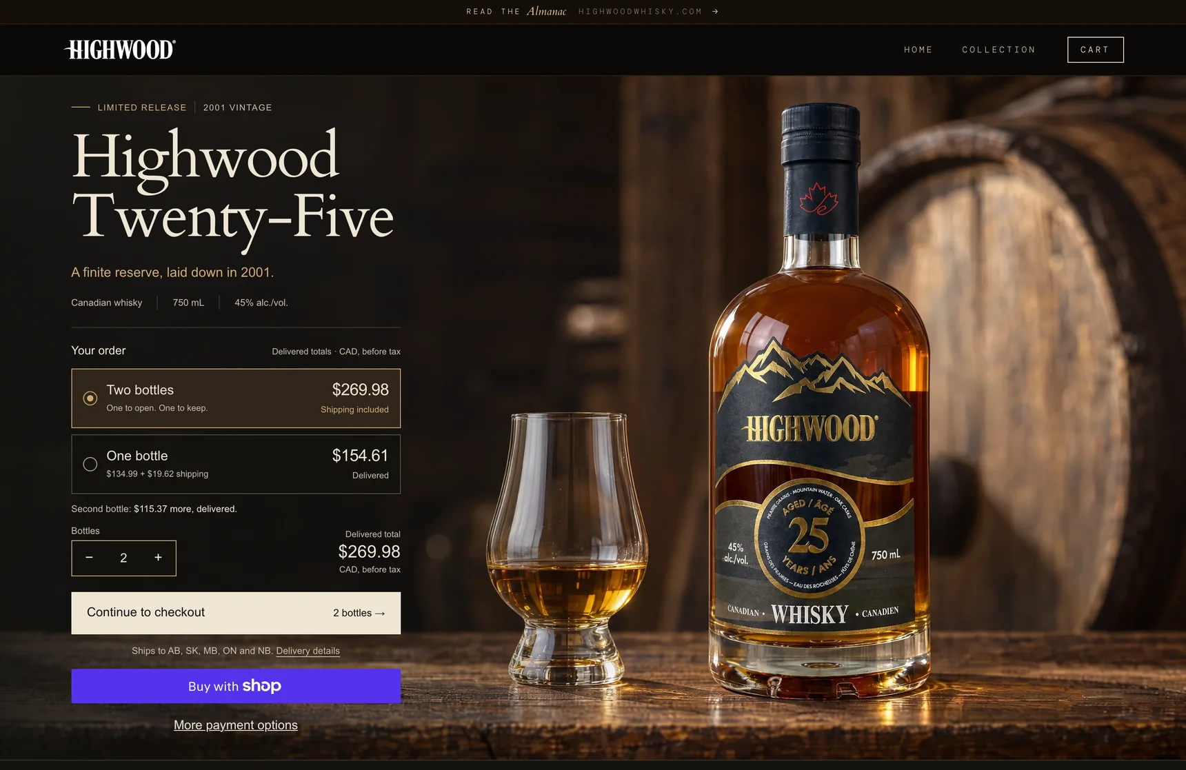 The Highwood 25 page on the Highwood shop, with the bottle, the price and the order button.