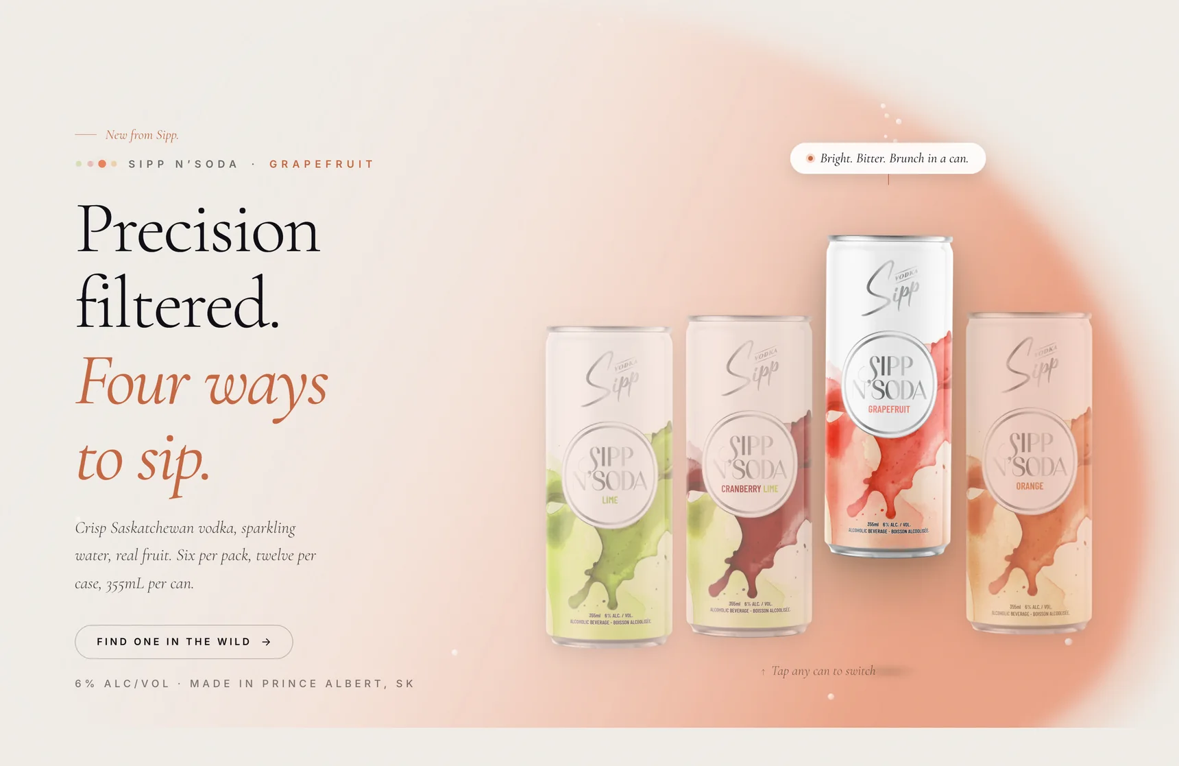 The Sipp N'Soda page on sippvodka.ca with the four flavours, Grapefruit in front.