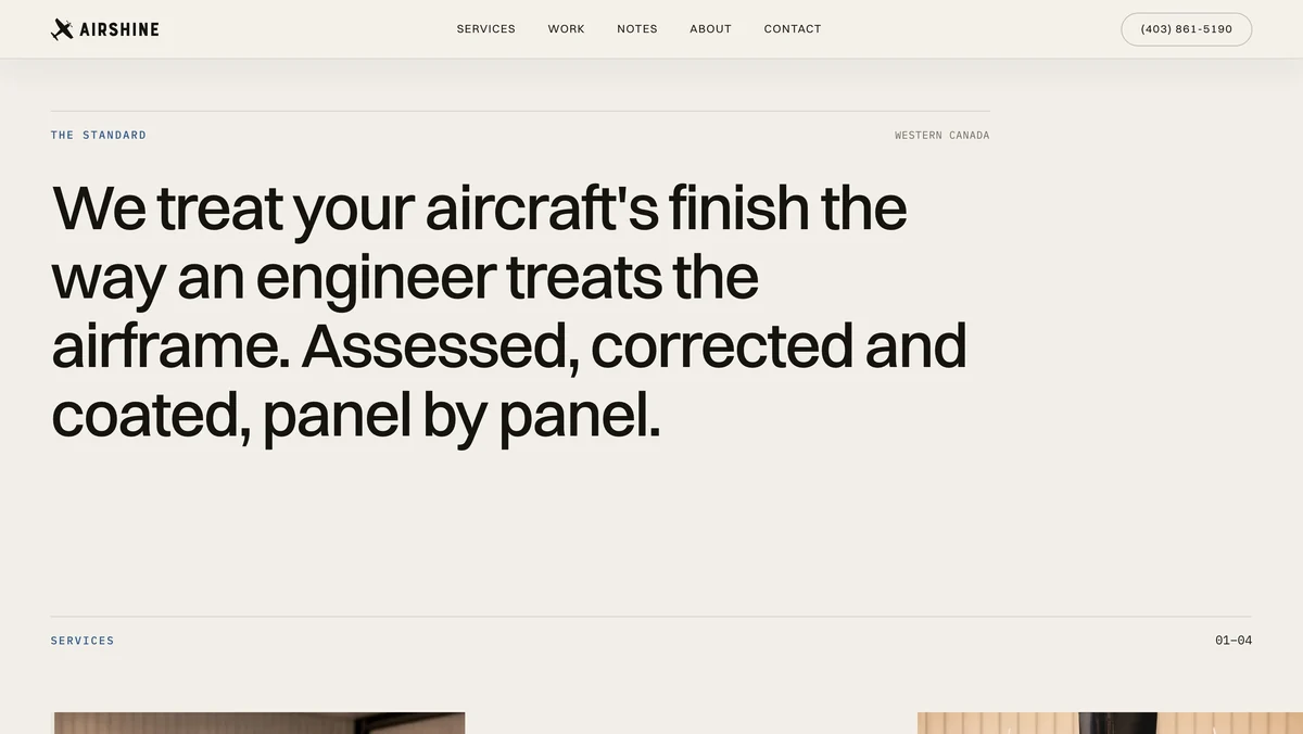 The Airshine homepage, from its line on treating an aircraft's finish the way an engineer treats the airframe down to the services, ceramic coating first.