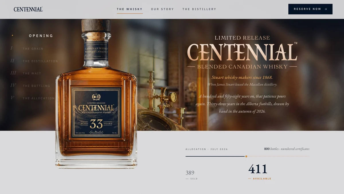 The Centennial 33 launch page, the bottle beside its opening chapter, with 389 sold and 411 available of 800.