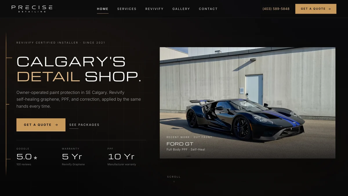 The Precise Detailing homepage, a Ford GT in full body PPF out front of the bay, then down to the packages, each card with its price.