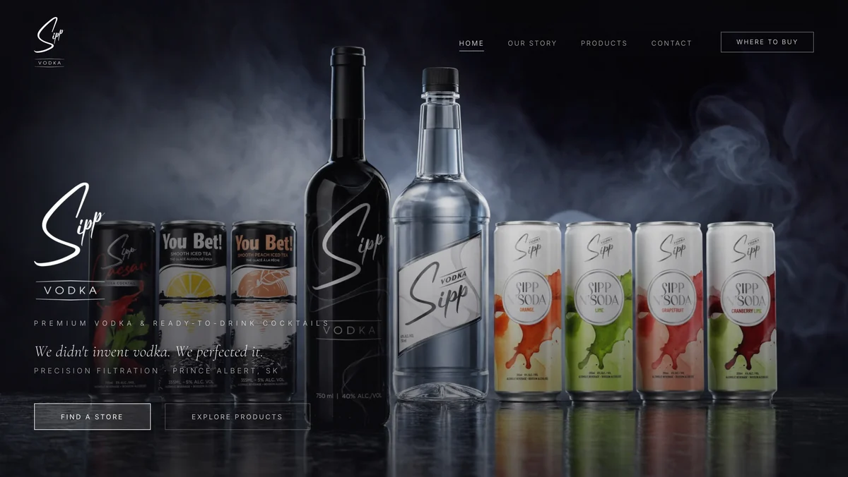 The Sipp Vodka homepage, the vodka bottles and the Sipp N'Soda and You Bet! cans in drifting smoke, with Find a Store and Explore Products.