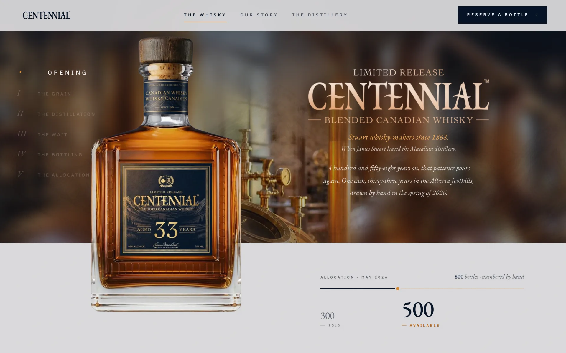 Centennial Whisky website homepage