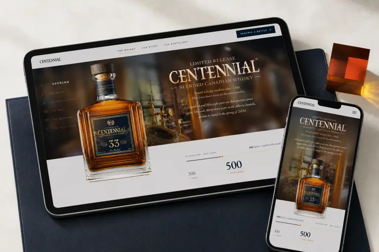 The Centennial whisky website on a tablet and a phone