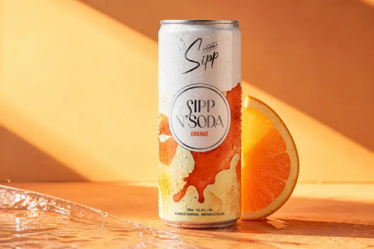 Sipp N’Soda orange can beside a cut orange