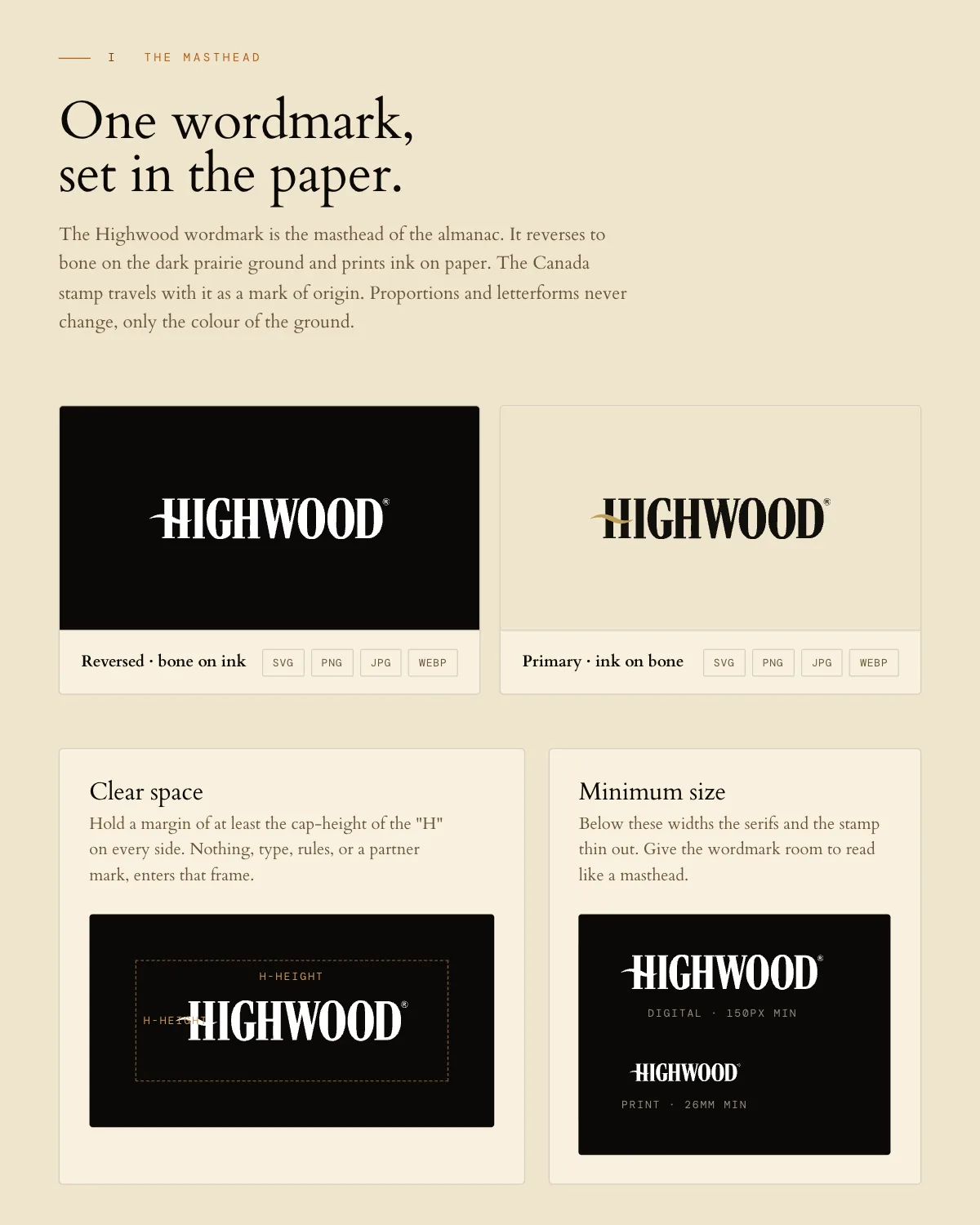 The masthead chapter of the Highwood guide, One wordmark, set in the paper, with the wordmark reversed and on bone, its clear space and minimum size.