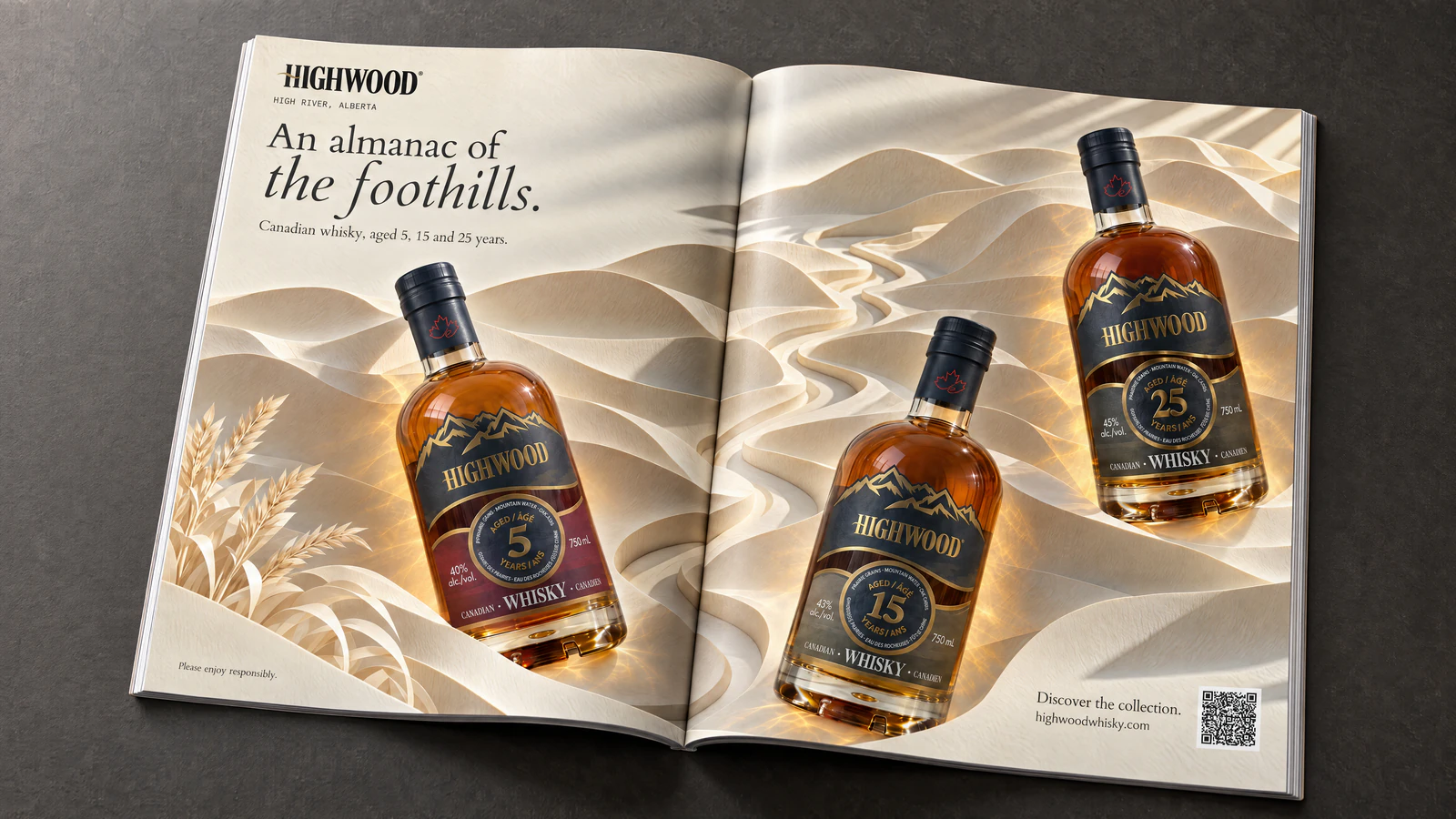 An open magazine spread titled An almanac of the foothills, three Highwood whisky bottles across folded cream paper, editorial creative by Meridian15
