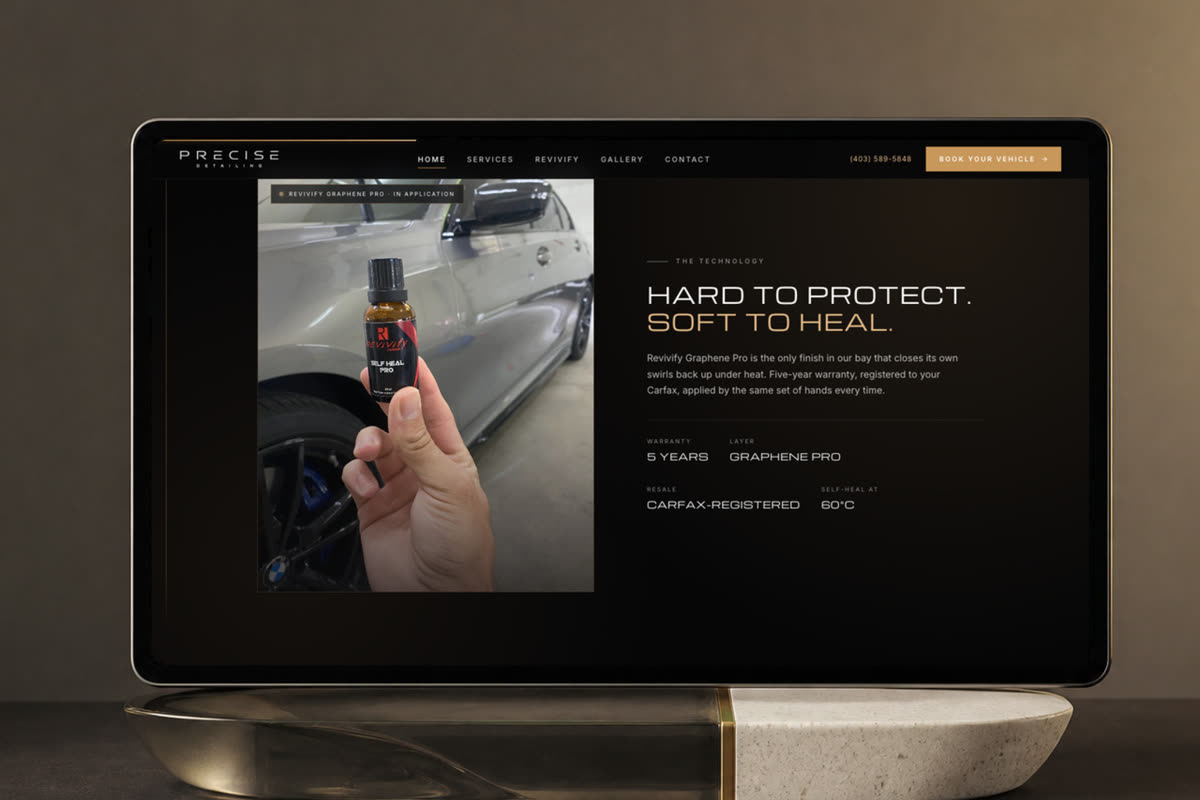 The Revivify graphene coating page on a tablet, Hard to protect, soft to heal, with the five-year warranty, built by Meridian15