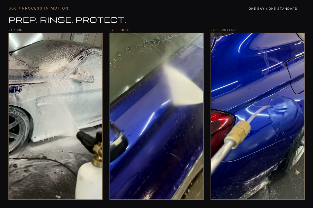 Three process photographs from the Precise Detailing site, foam prep, rinse and protect on a blue car, under the heading Prep. Rinse. Protect.