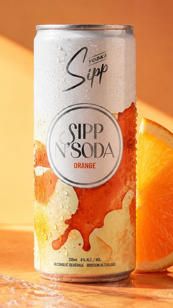 A can of Sipp N'Soda Orange in warm light, the Sipp lockup in black at its top over the round Sipp N'Soda badge, a cut orange beside it.