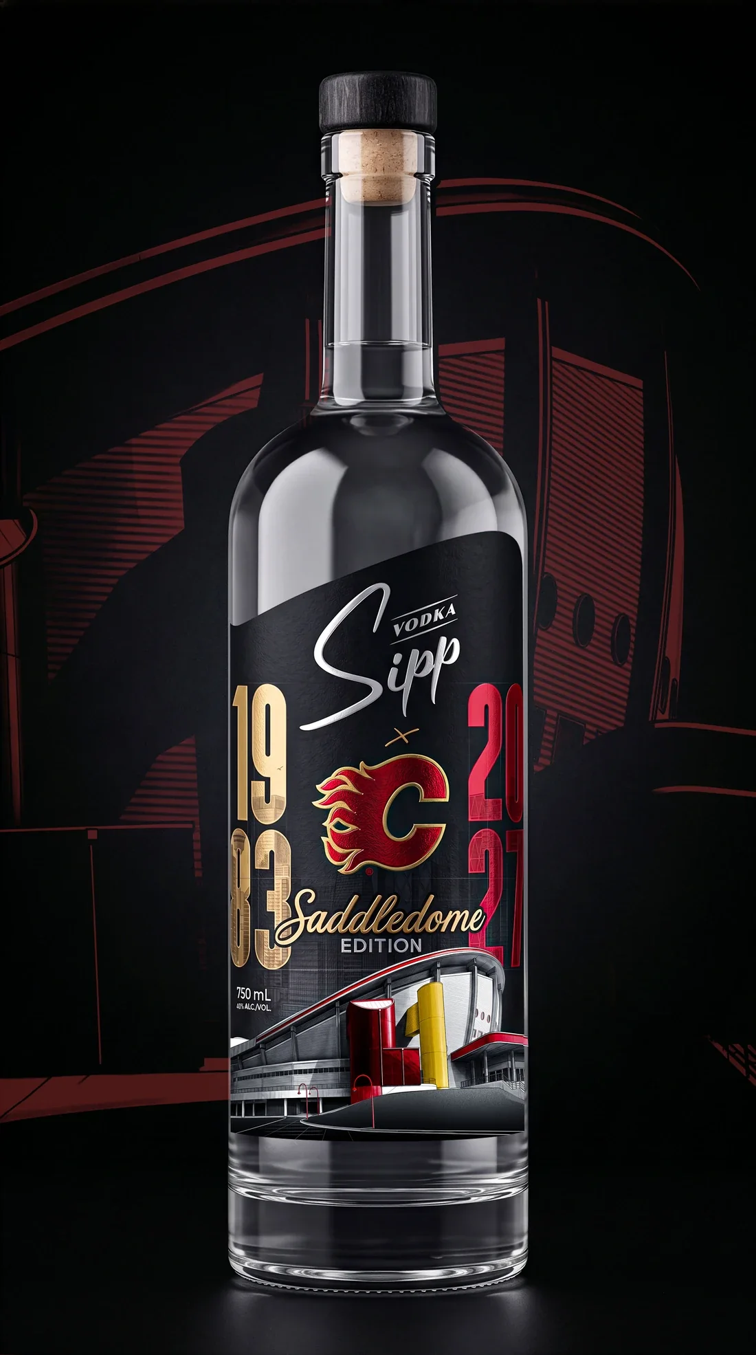 A render of the Sipp × Calgary Flames Saddledome Edition bottle, the Sipp lockup in silver at the head of its textured black label, 1983 in gold foil, 2027 in Flames red and the Saddledome drawn below.