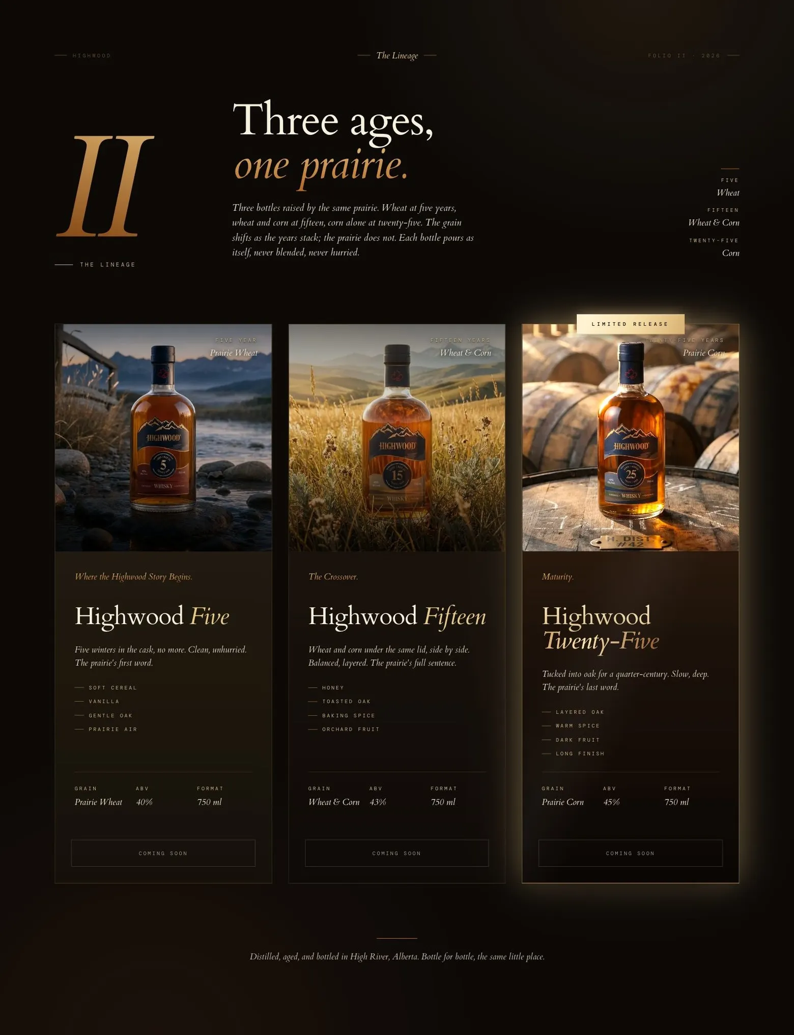 The Highwood range page, Three ages, one prairie, the 5-, 15- and 25-year whiskies side by side with their notes