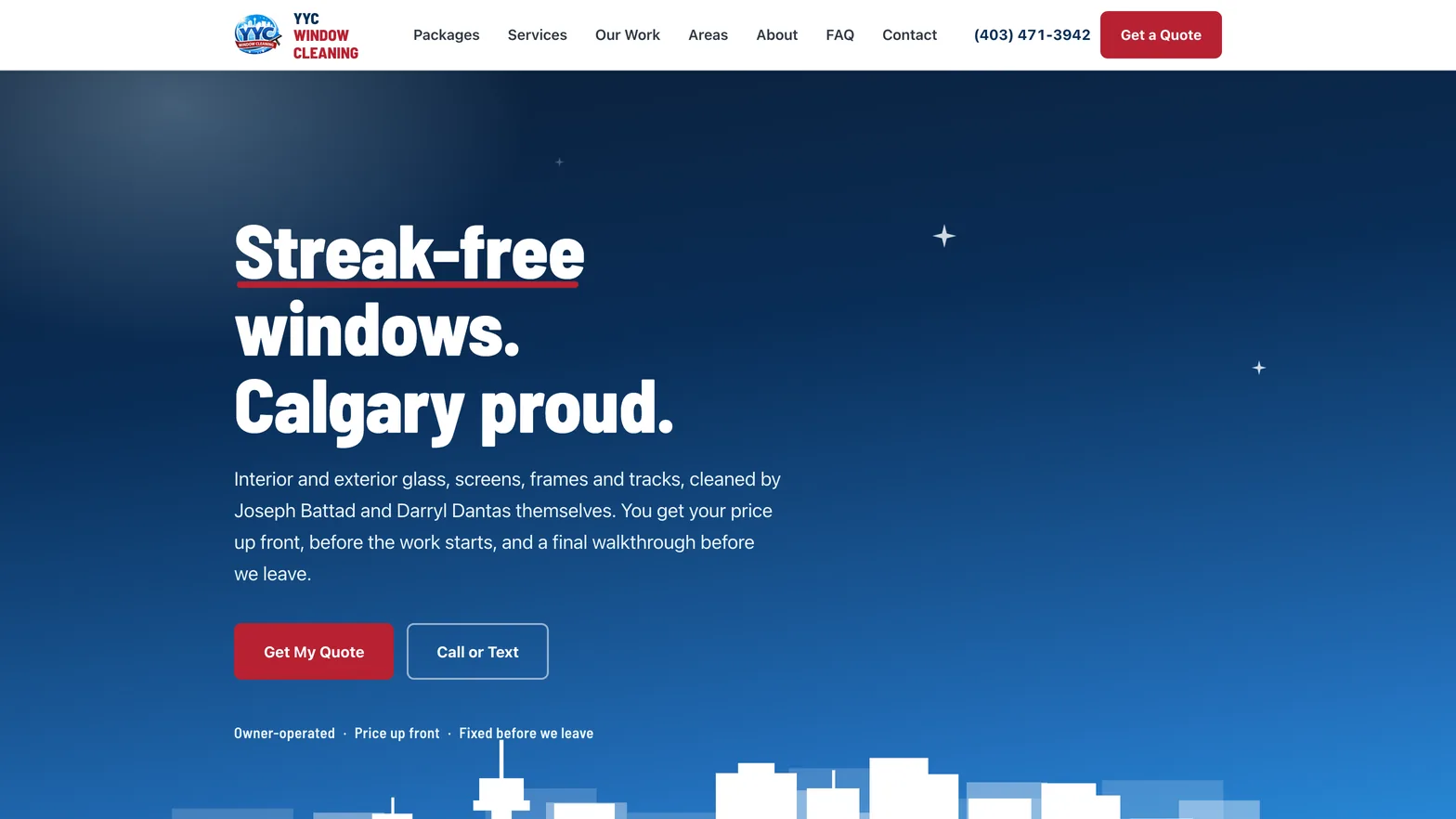 The YYC Window Cleaning homepage, Streak-free windows, Calgary proud, over a night sky and the Calgary skyline, with Get My Quote and Call or Text buttons, built by Meridian15
