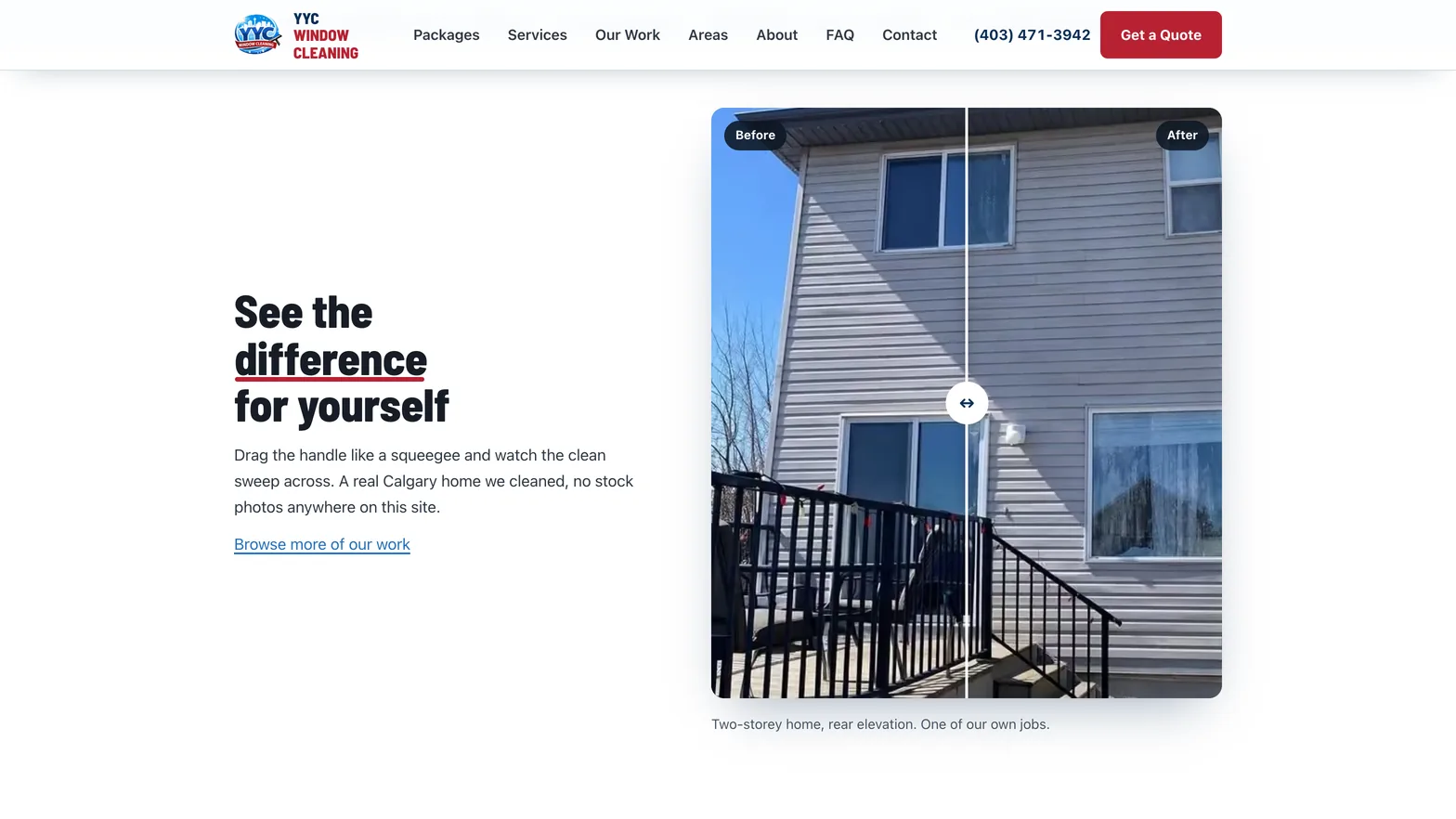 See the difference for yourself, a before and after slider over a real two-storey Calgary home on the YYC Window Cleaning homepage