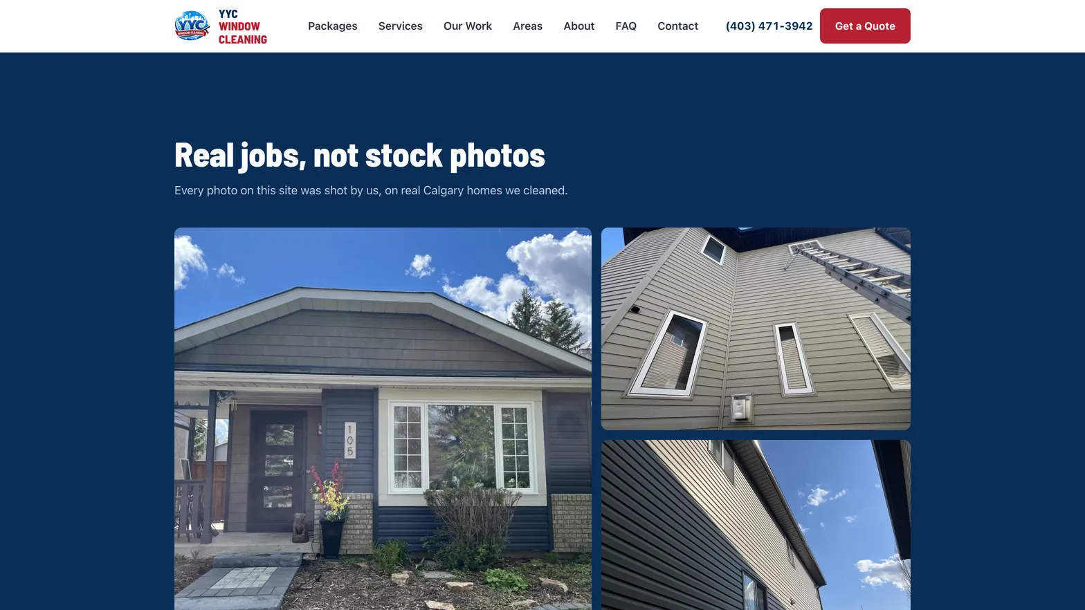 Real jobs, not stock photos, a grid of Calgary homes YYC Window Cleaning cleaned, from its homepage