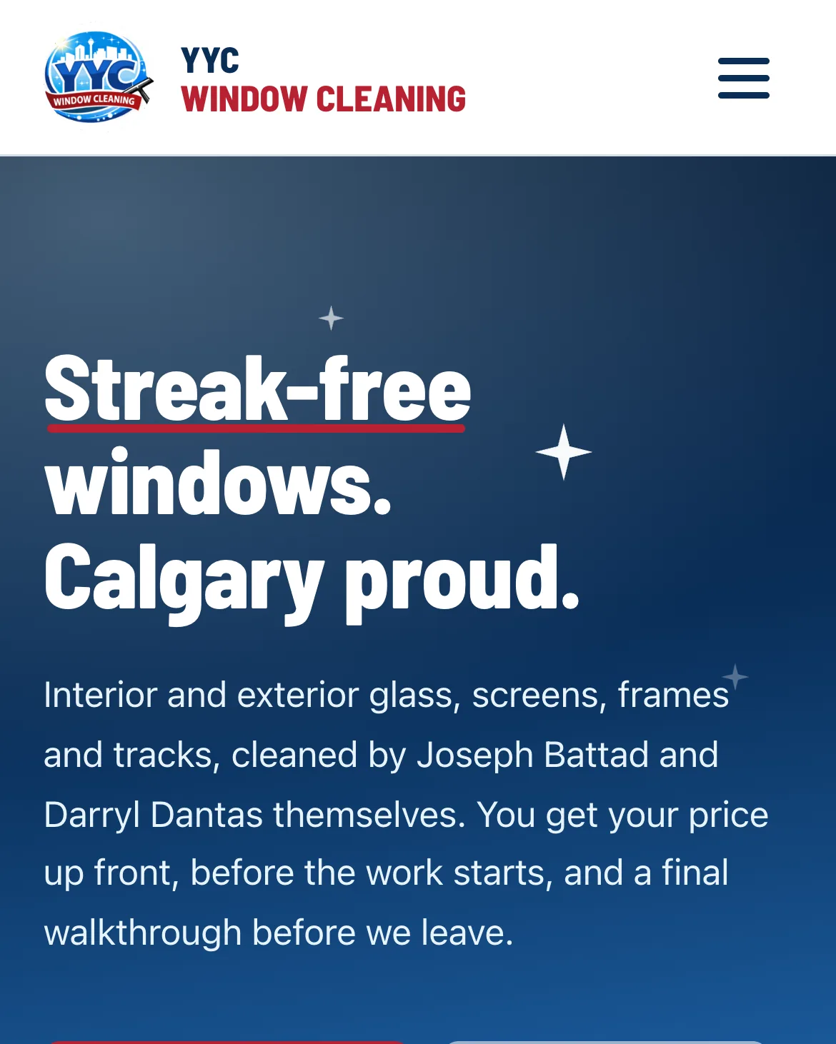 The YYC Window Cleaning homepage on a phone, Streak-free windows, Calgary proud, with Get My Quote and Call or Text
