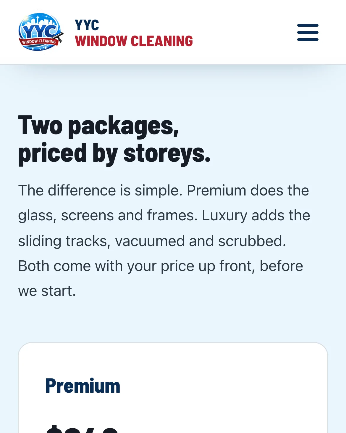 Two packages, priced by storeys, on the YYC Window Cleaning mobile site, the Premium card at $249 for a one-storey home