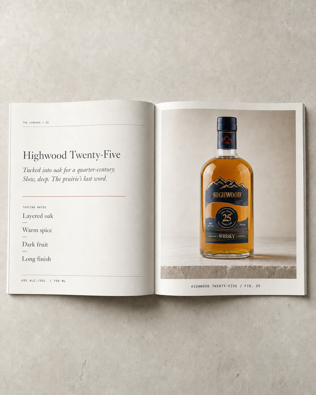 Highwood Twenty-Five editorial spread, the bottle beside its tasting notes