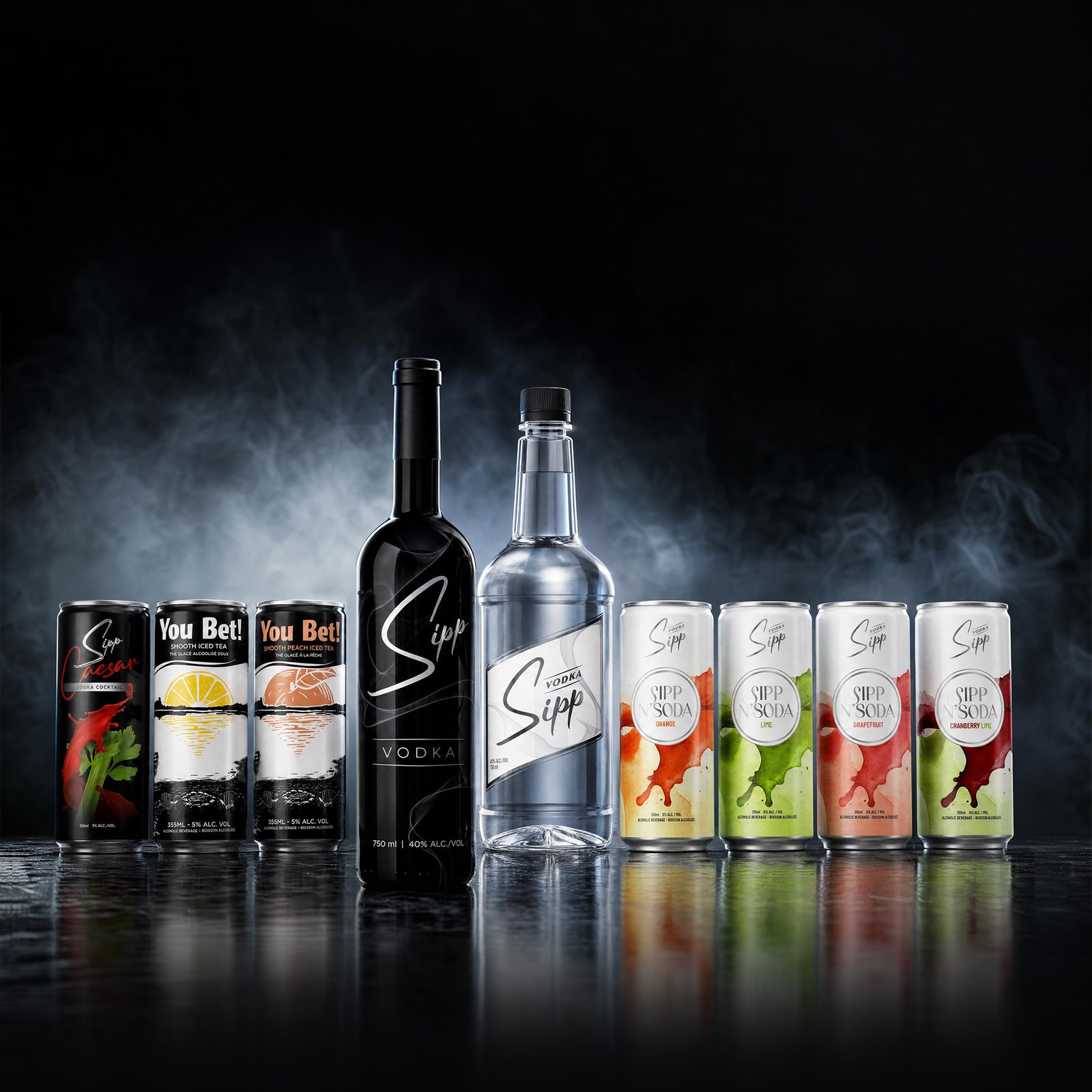 The full Sipp Vodka lineup: bottles, You Bet iced teas and Sipp N'Soda cans