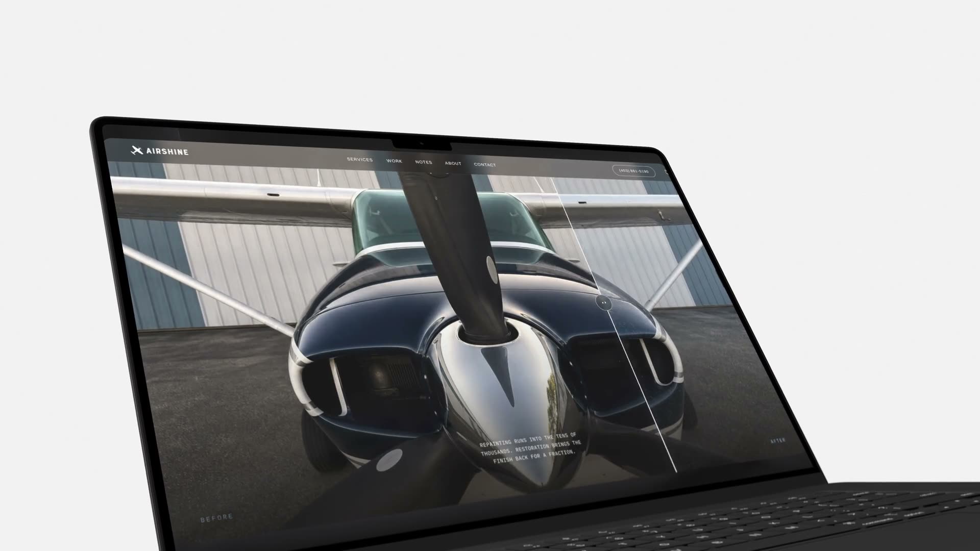 The Airshine homepage on a laptop, a head-on photograph of a polished aircraft nose and propeller filling the screen.