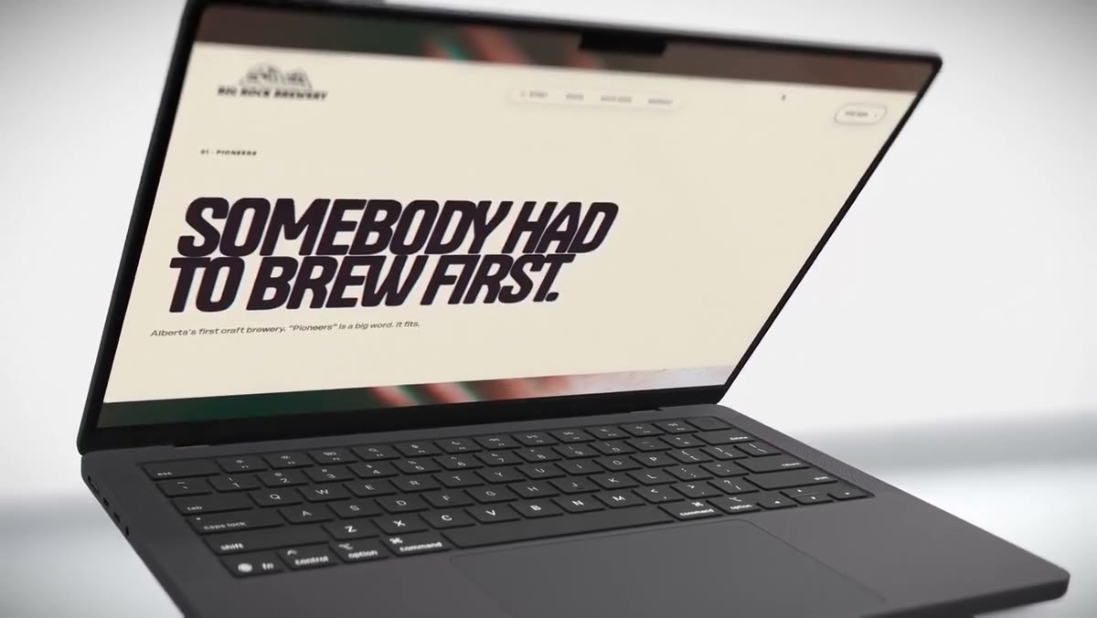 The homepage of the non-commercial Big Rock Brewery redesign concept on a laptop, Somebody had to brew first, designed by Meridian15