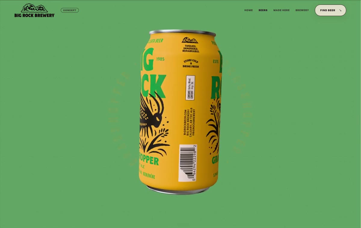 The Grasshopper beer page from the non-commercial Big Rock redesign concept, the yellow can rendered on a green field