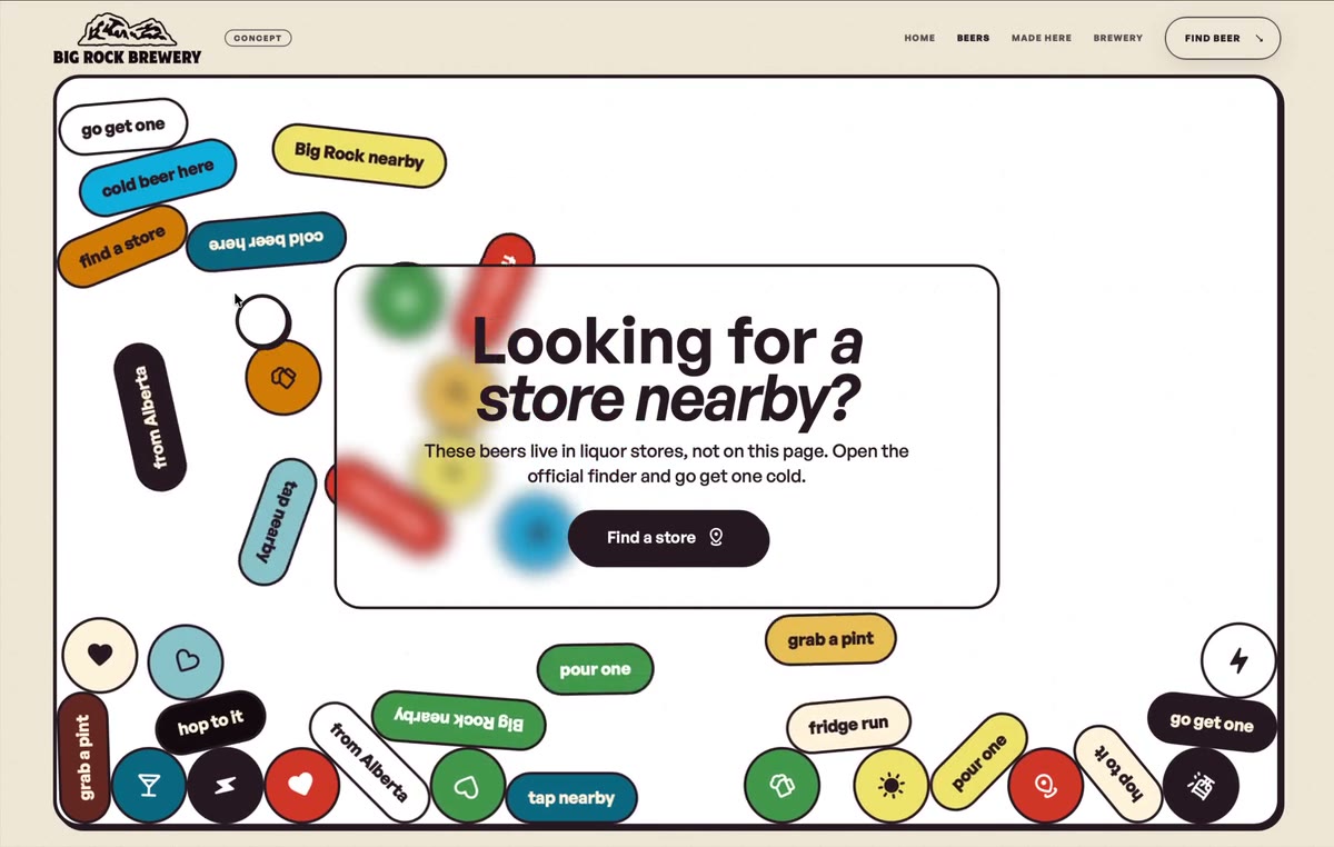 The beer finder from the Big Rock redesign concept, Looking for a store nearby, under a pile of coloured tags