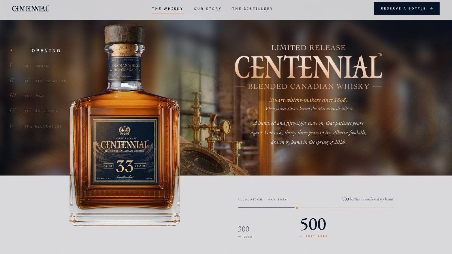The Centennial 33 release page, the bottle beside the limited release title and the count of bottles available, built by Meridian15
