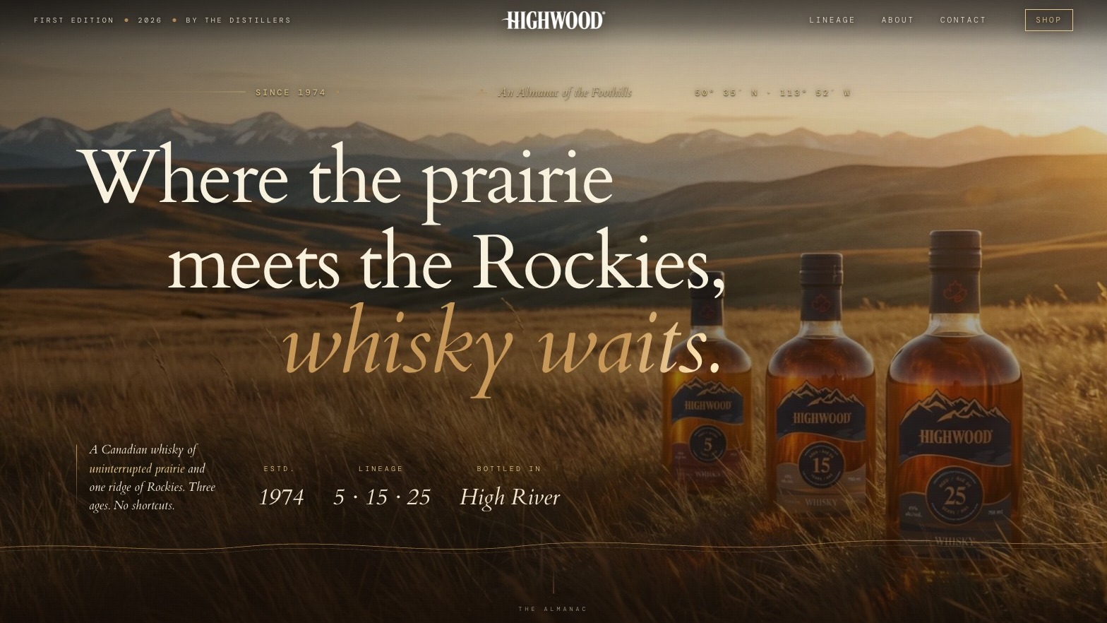 The Highwood whisky homepage, Where the prairie meets the Rockies, whisky waits, over three bottles in prairie grass at sunset, built by Meridian15