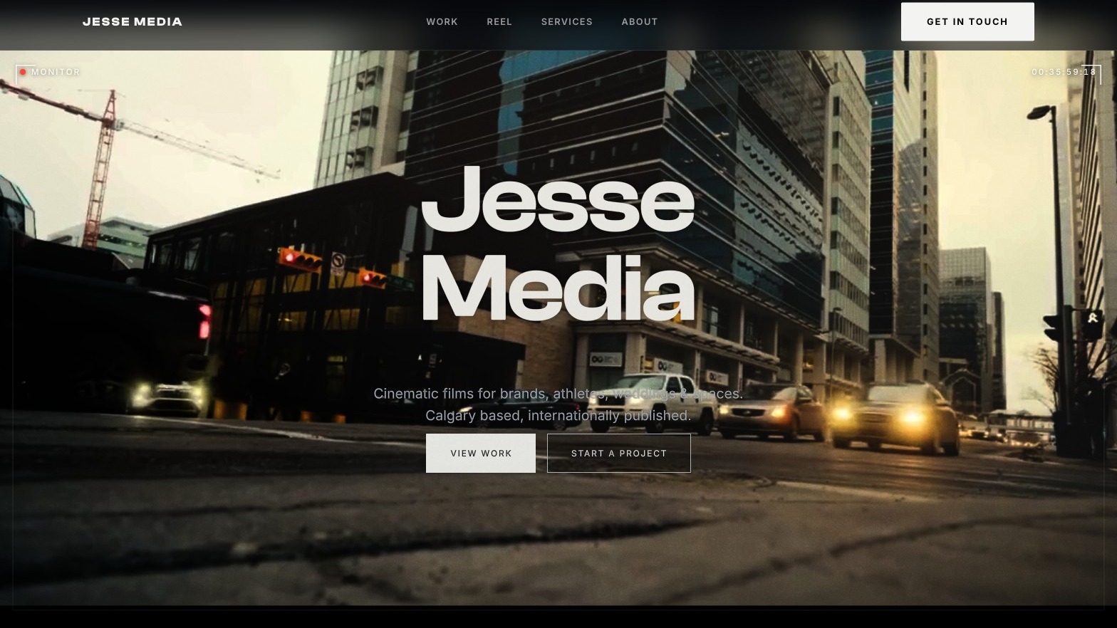 The Jesse Media homepage, Calgary streets at dusk under the Jesse Media title, with View work and Start a project buttons, built by Meridian15